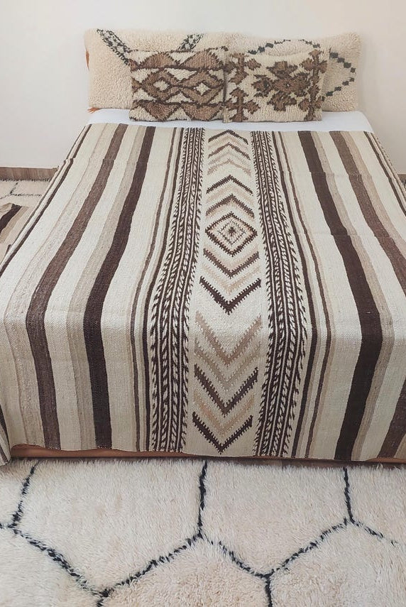 Luxurious Handloomed Beni Ourain Wool Blanket with Pom Poms - Natural Undyed Moroccan Throw MoroccanBazzArts