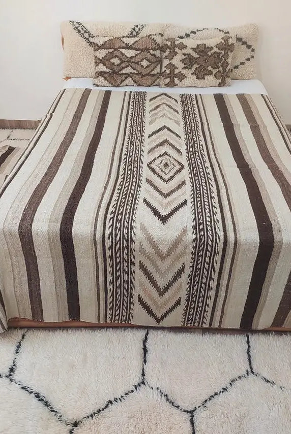 Luxurious Handloomed Beni Ourain Wool Blanket with Pom Poms - Natural Undyed Moroccan Throw MoroccanBazzArts