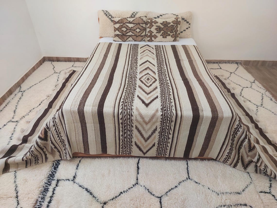 Luxurious Handloomed Beni Ourain Wool Blanket with Pom Poms - Natural Undyed Moroccan Throw MoroccanBazzArts