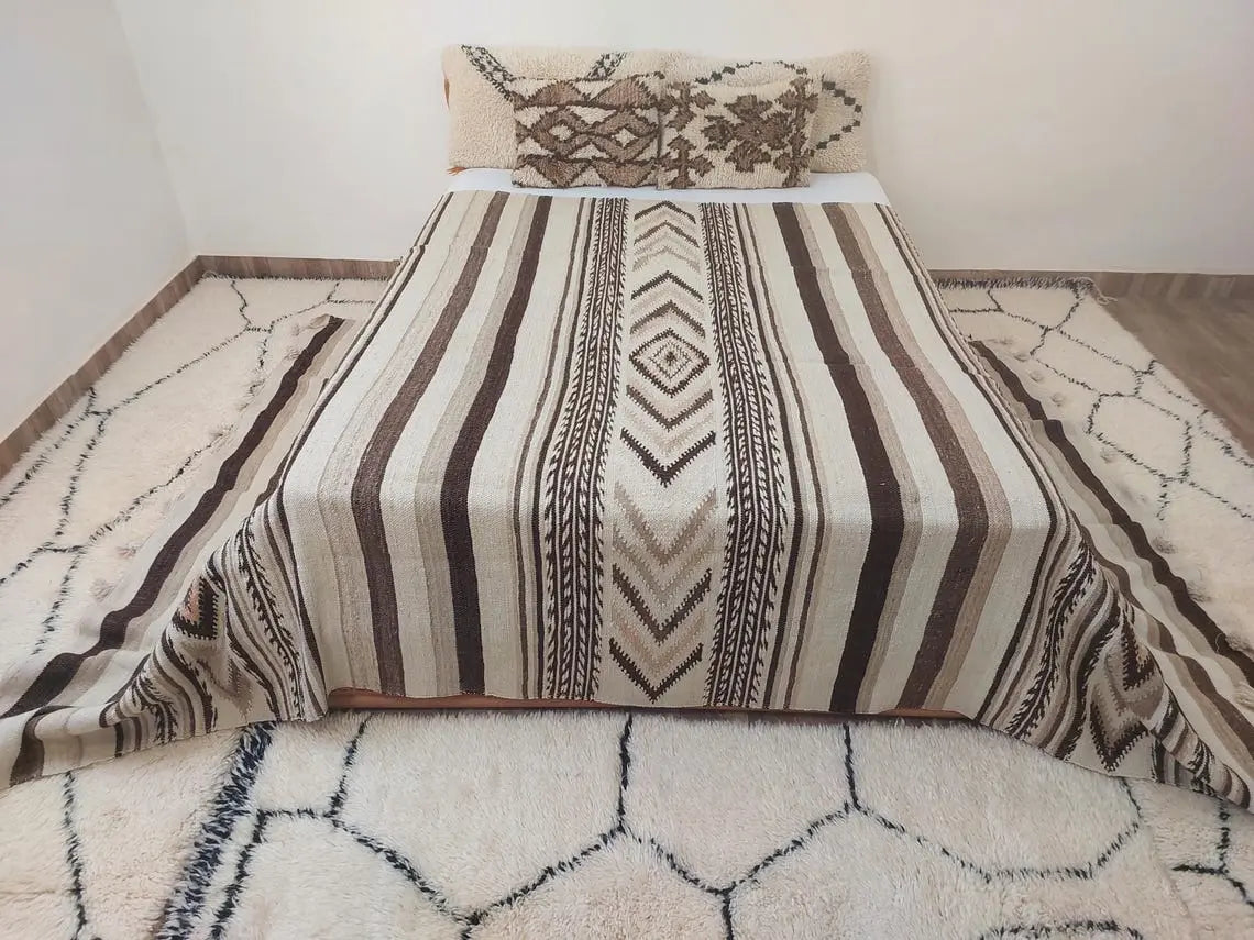 Luxurious Handloomed Beni Ourain Wool Blanket with Pom Poms - Natural Undyed Moroccan Throw MoroccanBazzArts