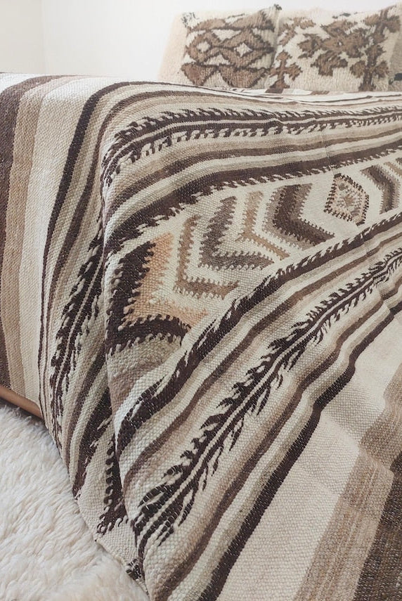 Luxurious Handloomed Beni Ourain Wool Blanket with Pom Poms - Natural Undyed Moroccan Throw MoroccanBazzArts