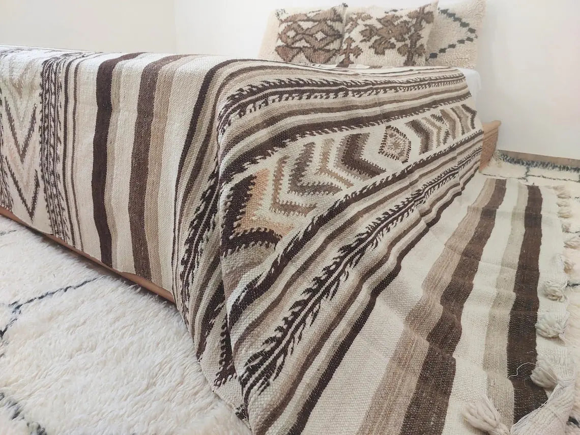 Luxurious Handloomed Beni Ourain Wool Blanket with Pom Poms - Natural Undyed Moroccan Throw MoroccanBazzArts