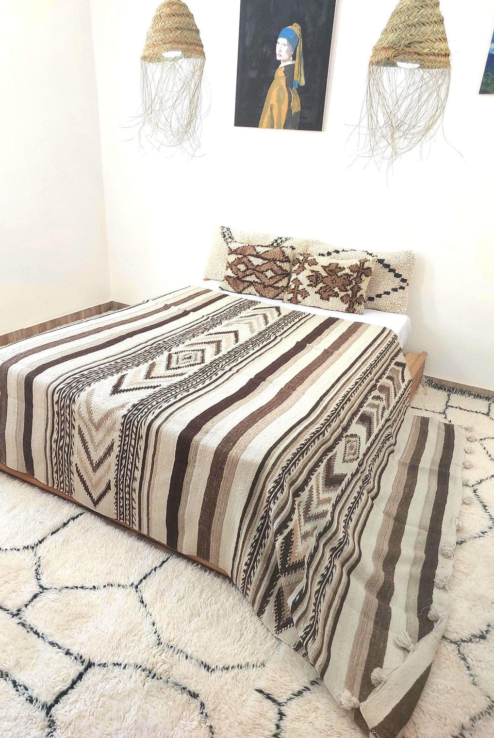 Luxurious Handloomed Beni Ourain Wool Blanket with Pom Poms - Natural Undyed Moroccan Throw MoroccanBazzArts