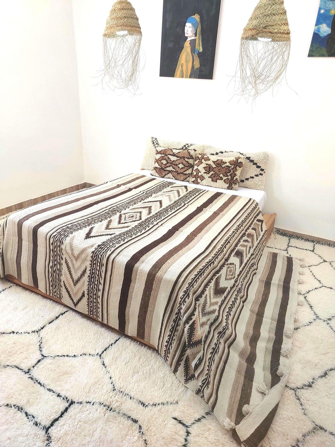 Luxurious Handloomed Beni Ourain Wool Blanket with Pom Poms - Natural Undyed Moroccan Throw MoroccanBazzArts