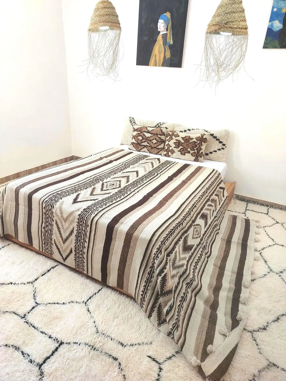 Luxurious Handloomed Beni Ourain Wool Blanket with Pom Poms - Natural Undyed Moroccan Throw MoroccanBazzArts