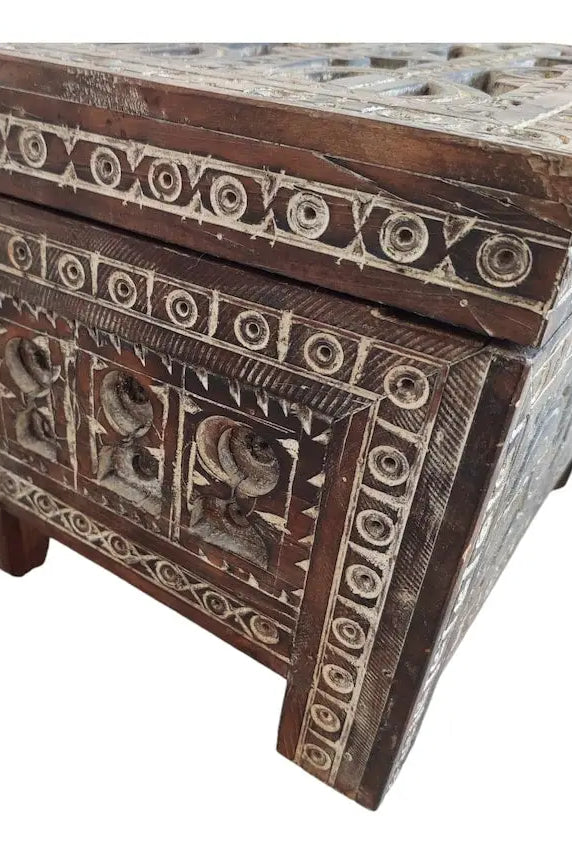Moroccan Trunk Box Wood: Hand Carved Berber Chest, Vintage Boho Storage MoroccanBazzArts
