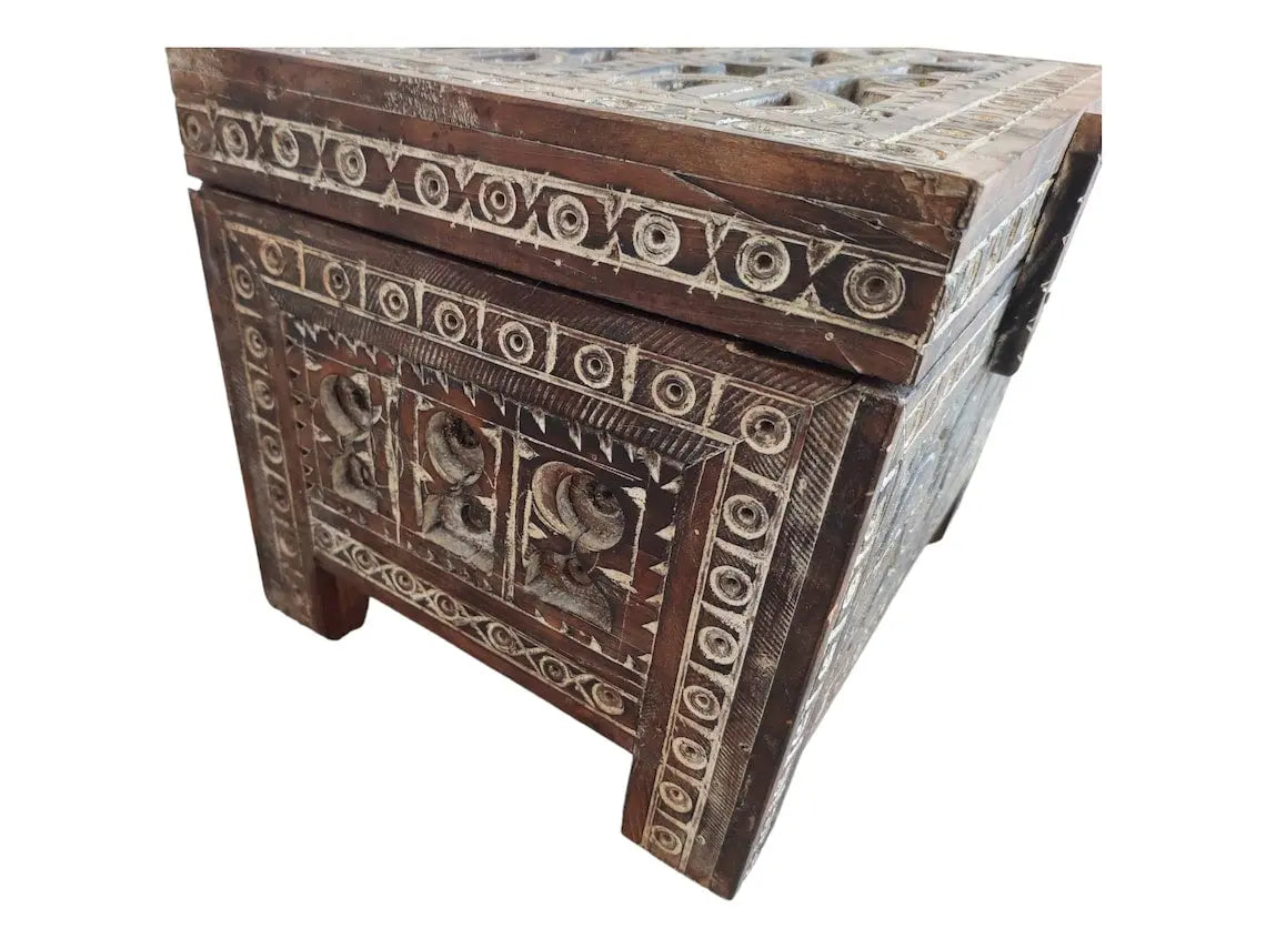 Moroccan Trunk Box Wood: Hand Carved Berber Chest, Vintage Boho Storage MoroccanBazzArts