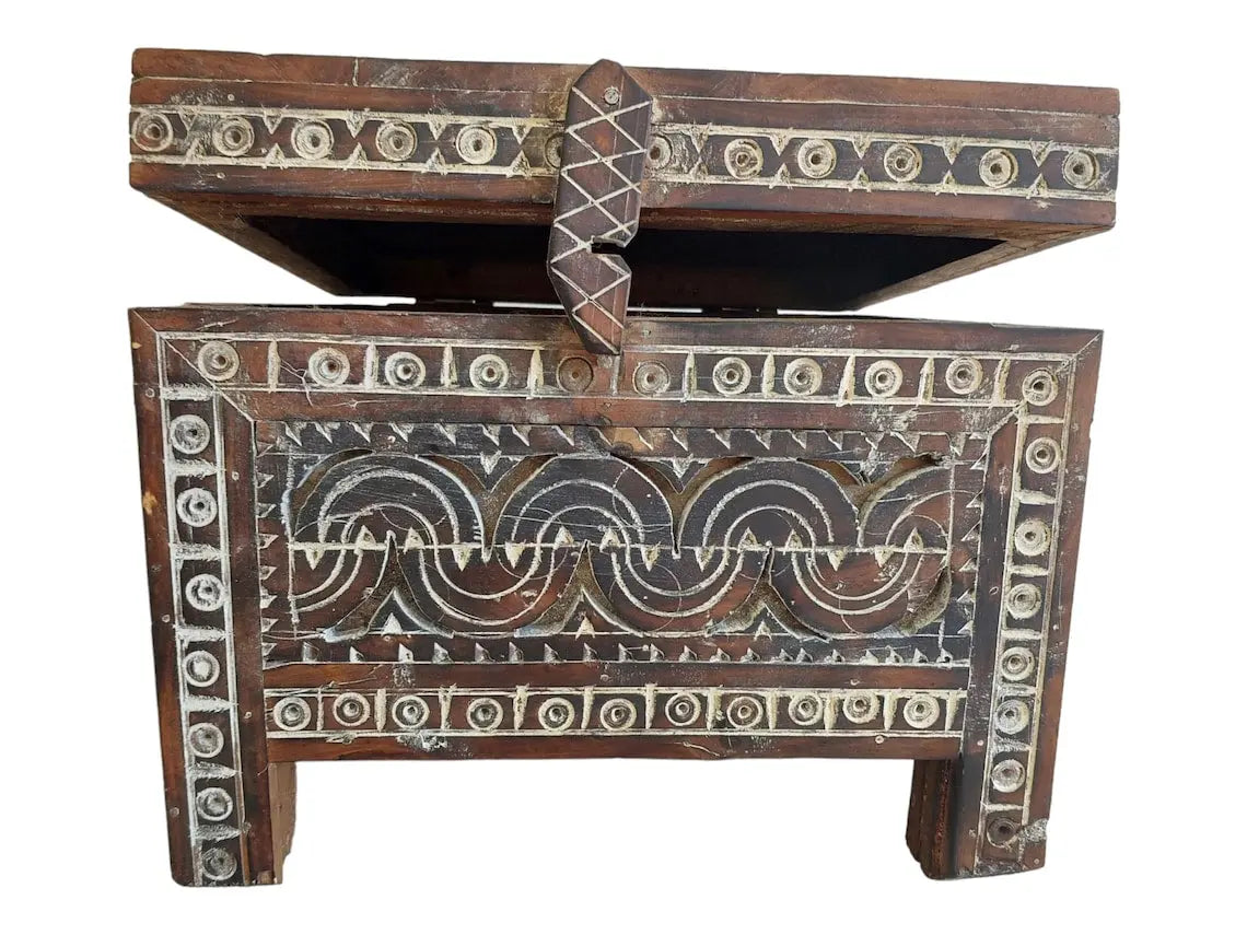 Moroccan Trunk Box Wood: Hand Carved Berber Chest, Vintage Boho Storage MoroccanBazzArts