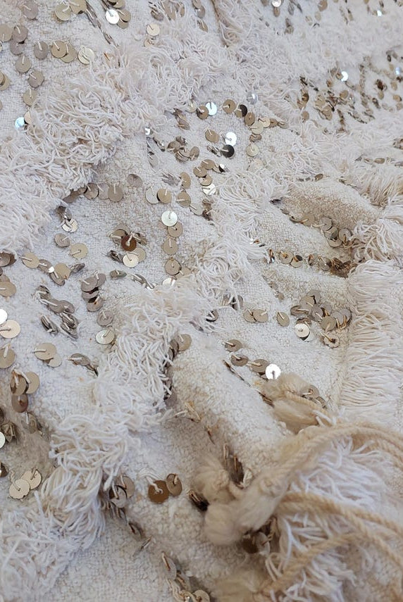 Creamy White Throw Wedding Blanket Xl: Vintage Moroccan Sequinned Wool Handira MoroccanBazzArts