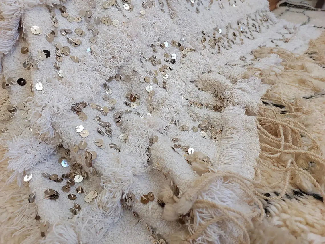 Creamy White Throw Wedding Blanket Xl: Vintage Moroccan Sequinned Wool Handira MoroccanBazzArts