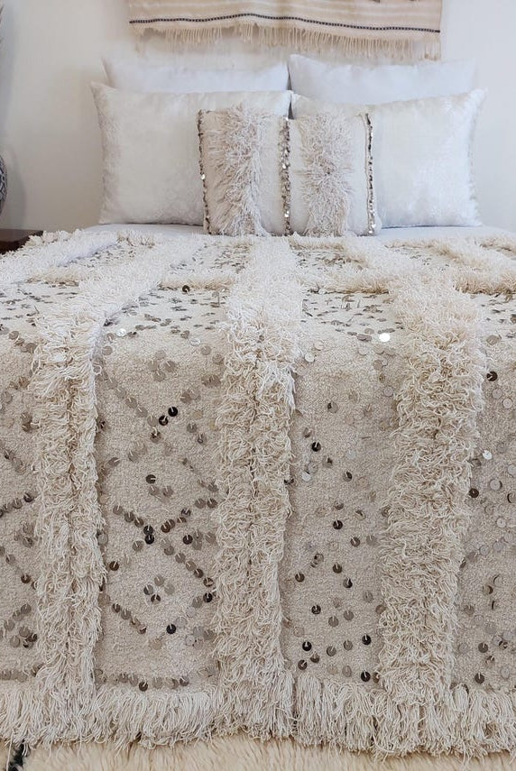 Creamy White Throw Wedding Blanket Xl: Vintage Moroccan Sequinned Wool Handira MoroccanBazzArts