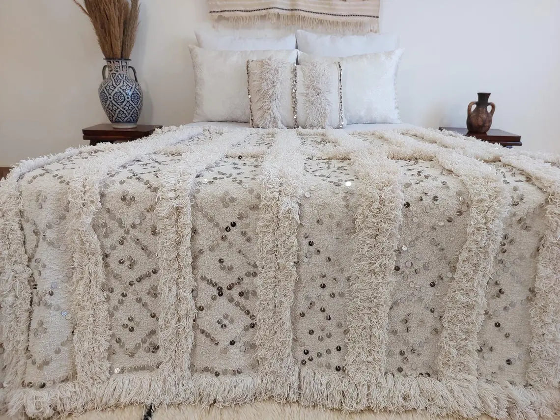 Creamy White Throw Wedding Blanket Xl: Vintage Moroccan Sequinned Wool Handira MoroccanBazzArts