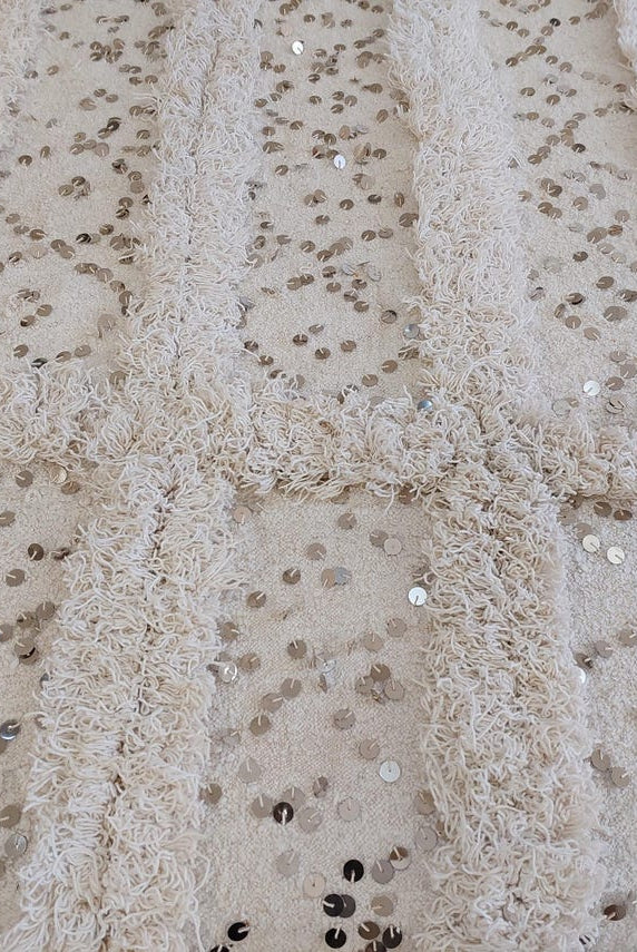 Creamy White Throw Wedding Blanket Xl: Vintage Moroccan Sequinned Wool Handira MoroccanBazzArts