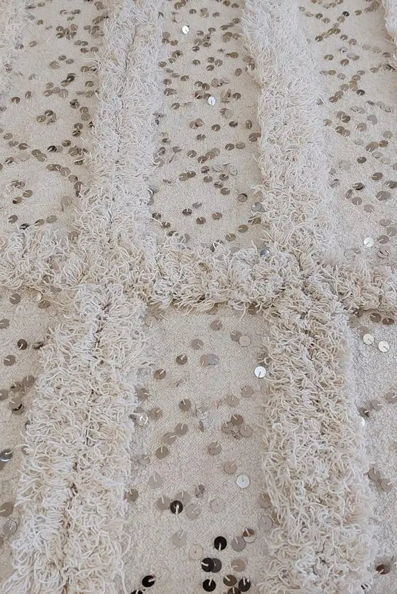 Creamy White Throw Wedding Blanket Xl: Vintage Moroccan Sequinned Wool Handira MoroccanBazzArts
