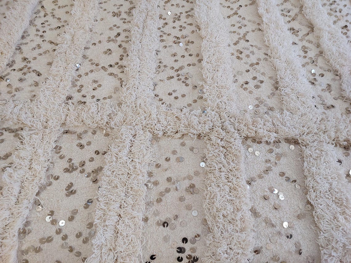 Creamy White Throw Wedding Blanket Xl: Vintage Moroccan Sequinned Wool Handira MoroccanBazzArts