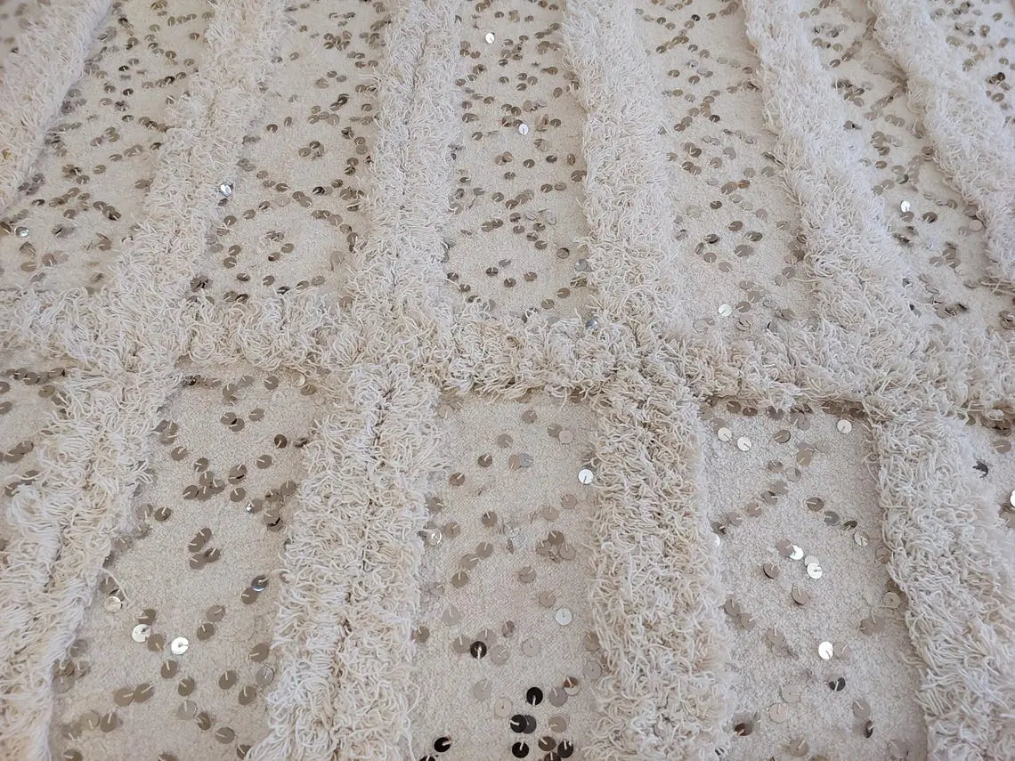 Creamy White Throw Wedding Blanket Xl: Vintage Moroccan Sequinned Wool Handira MoroccanBazzArts