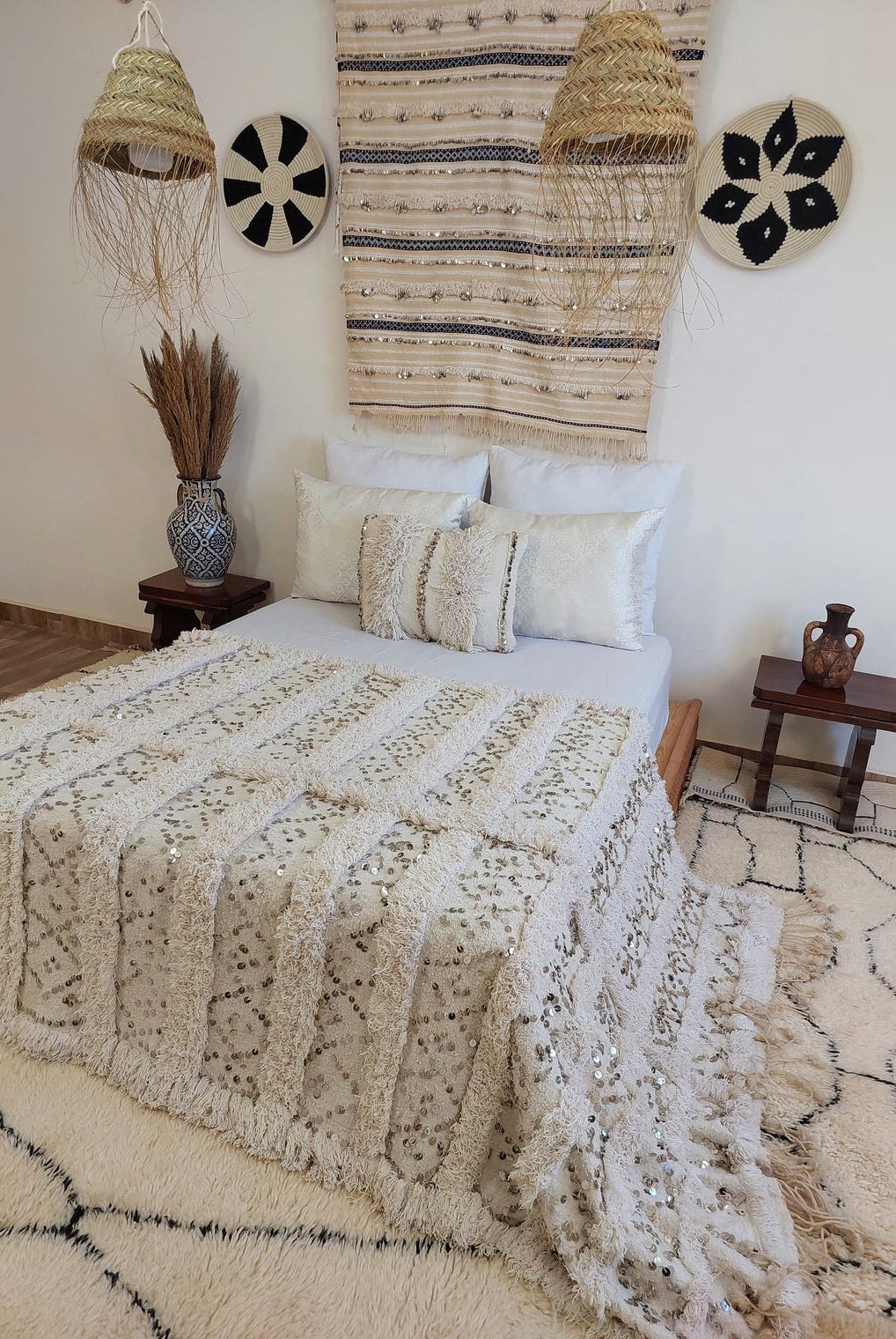 Creamy White Throw Wedding Blanket Xl: Vintage Moroccan Sequinned Wool Handira MoroccanBazzArts