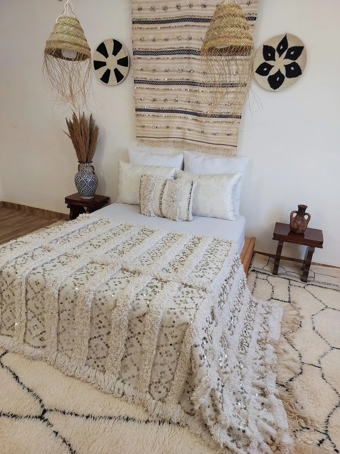 Creamy White Throw Wedding Blanket Xl: Vintage Moroccan Sequinned Wool Handira MoroccanBazzArts