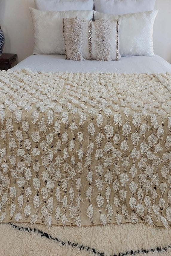 Vintage Moroccan Berber Handira Wedding Blanket Throw - Boho Bedding Decor for Living Room 138x260cm MoroccanBazzArts