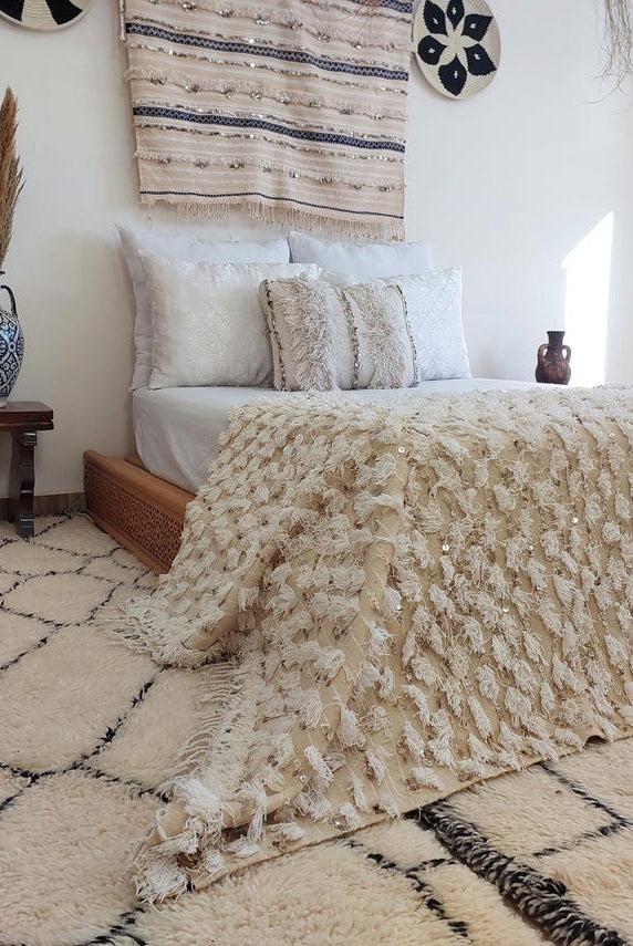 Vintage Moroccan Berber Handira Wedding Blanket Throw - Boho Bedding Decor for Living Room 138x260cm MoroccanBazzArts