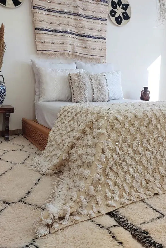 Vintage Moroccan Berber Handira Wedding Blanket Throw - Boho Bedding Decor for Living Room 138x260cm MoroccanBazzArts