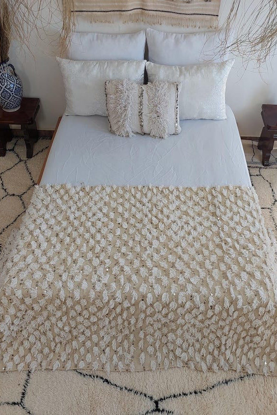 Vintage Moroccan Berber Handira Wedding Blanket Throw - Boho Bedding Decor for Living Room 138x260cm MoroccanBazzArts