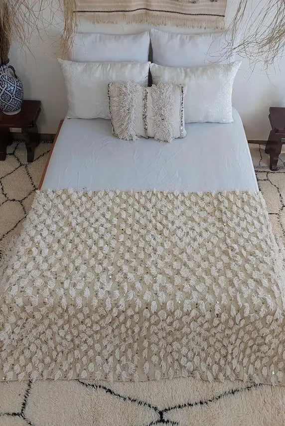 Vintage Moroccan Berber Handira Wedding Blanket Throw - Boho Bedding Decor for Living Room 138x260cm MoroccanBazzArts