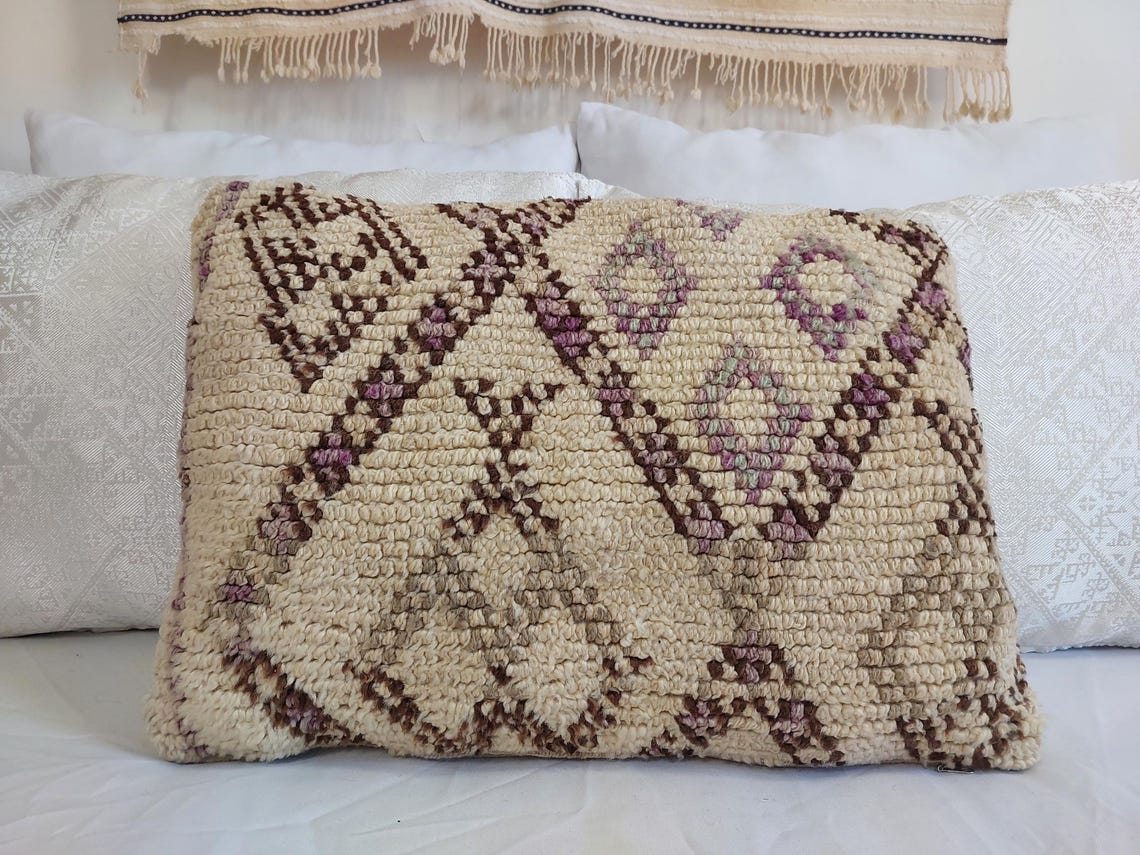 Beni Pillow, Made From Vintage Rug, Unique Berber Wool Cushion With Design, 16x24 MoroccanBazzArts
