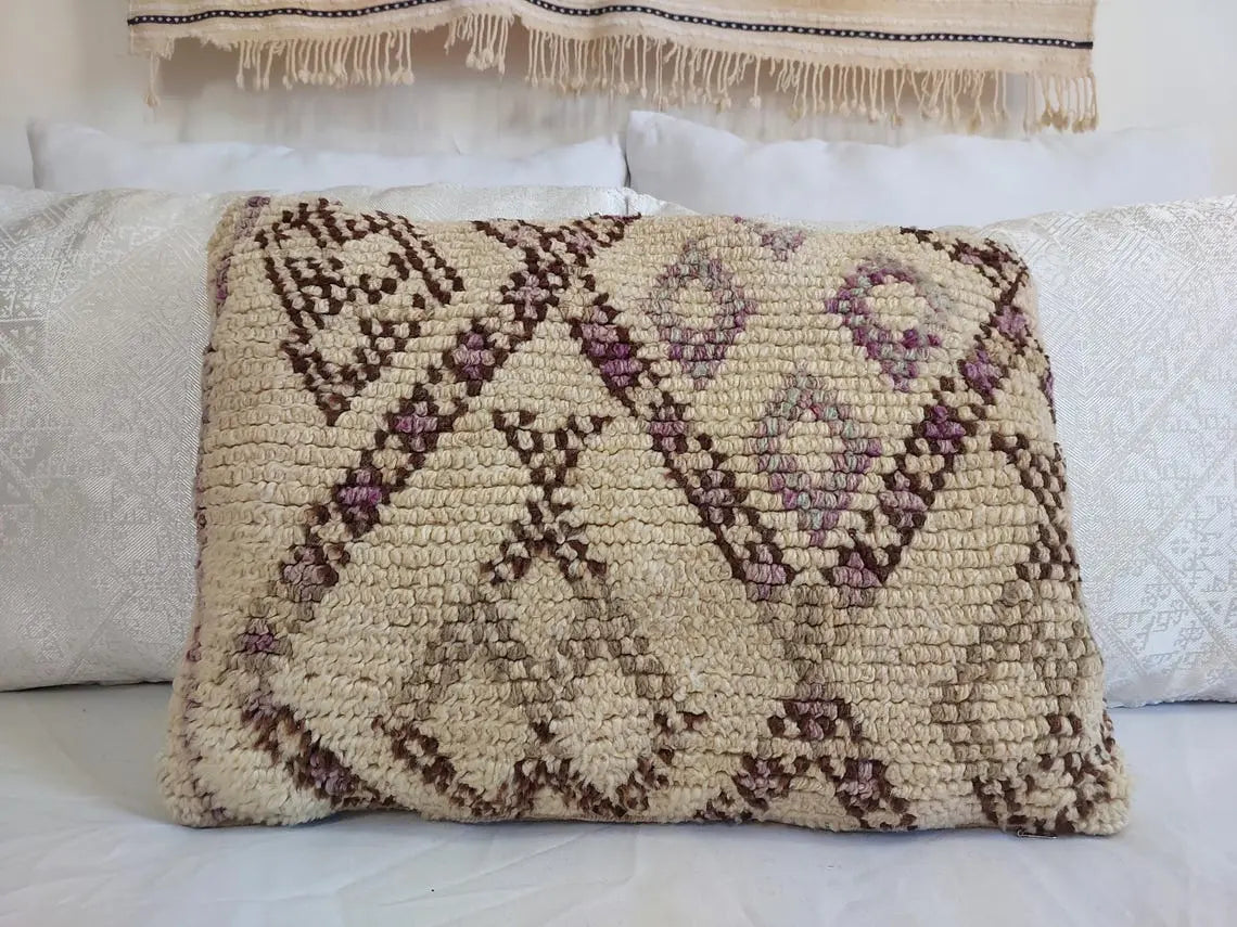 Beni Pillow, Made From Vintage Rug, Unique Berber Wool Cushion With Design, 16x24 MoroccanBazzArts