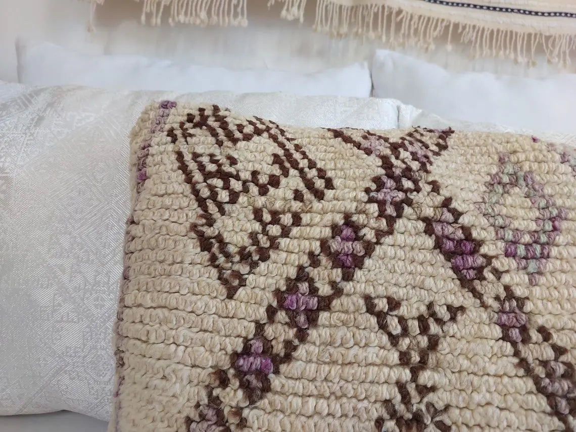 Beni Pillow, Made From Vintage Rug, Unique Berber Wool Cushion With Design, 16x24 MoroccanBazzArts
