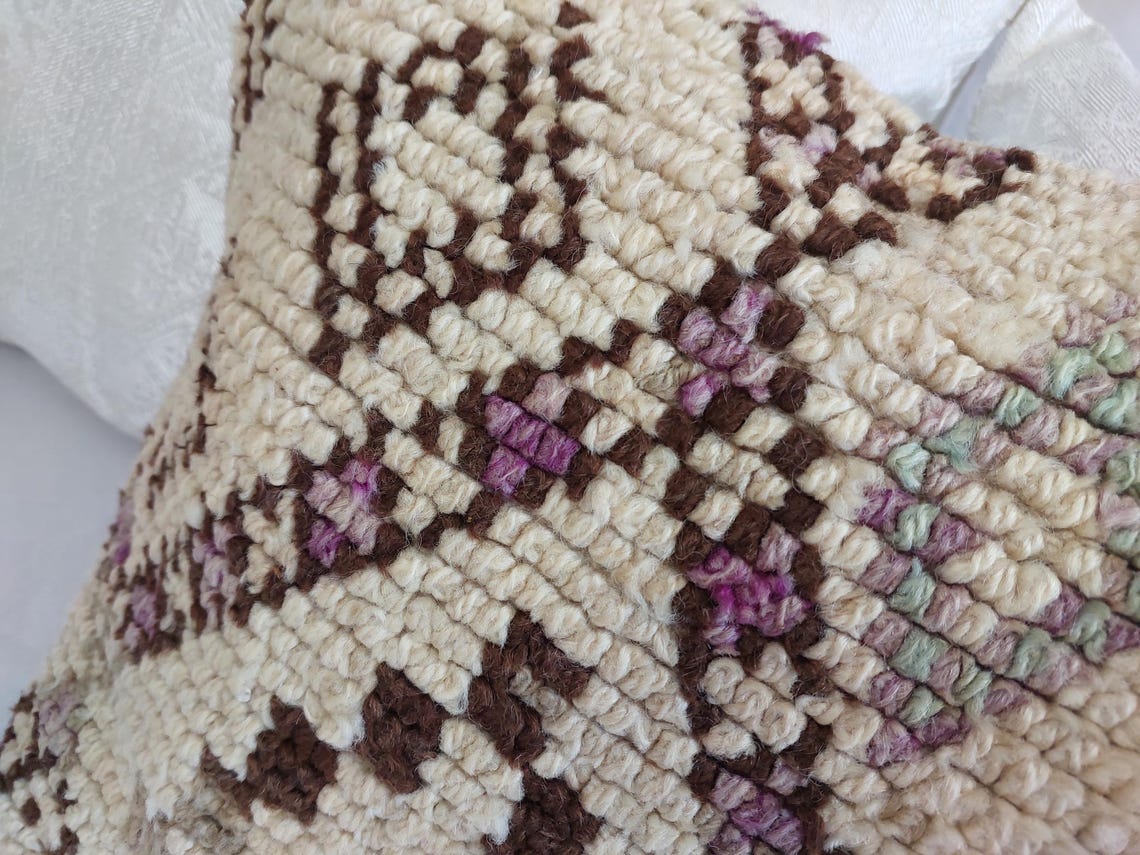 Beni Pillow, Made From Vintage Rug, Unique Berber Wool Cushion With Design, 16x24 MoroccanBazzArts