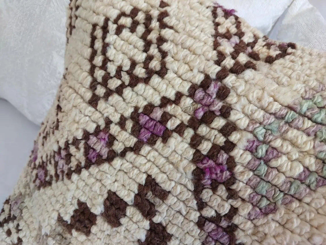 Beni Pillow, Made From Vintage Rug, Unique Berber Wool Cushion With Design, 16x24 MoroccanBazzArts