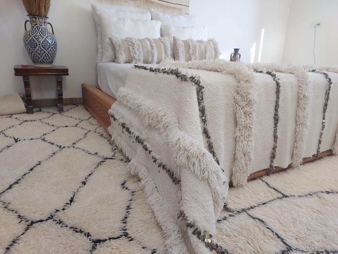 Authentic Vintage Moroccan Handira: White Wedding Blanket, Hand-Woven Berber Wool Throw Rug MoroccanBazzArts