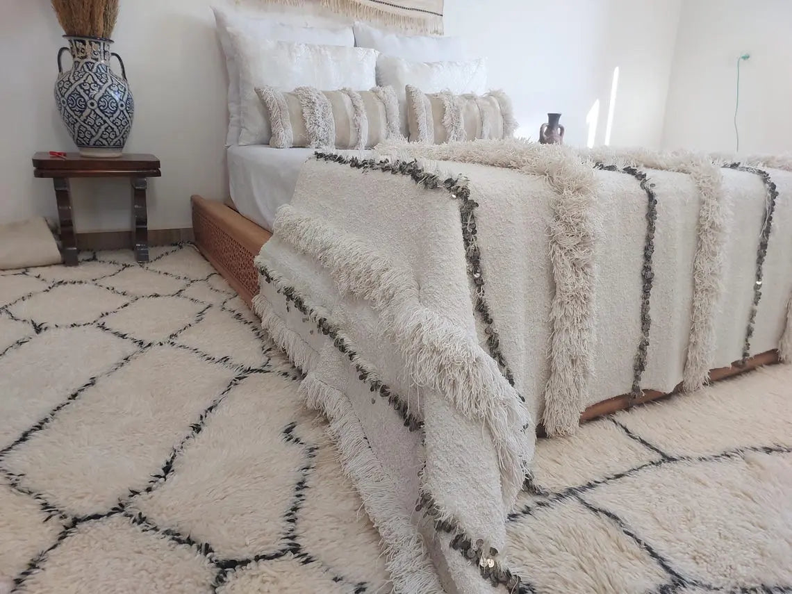Authentic Vintage Moroccan Handira: White Wedding Blanket, Hand-Woven Berber Wool Throw Rug MoroccanBazzArts