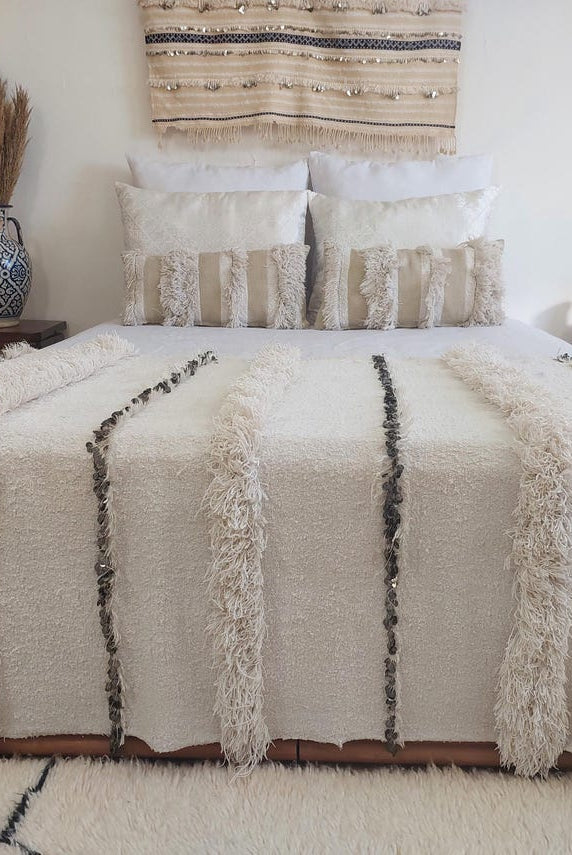 Authentic Vintage Moroccan Handira: White Wedding Blanket, Hand-Woven Berber Wool Throw Rug MoroccanBazzArts