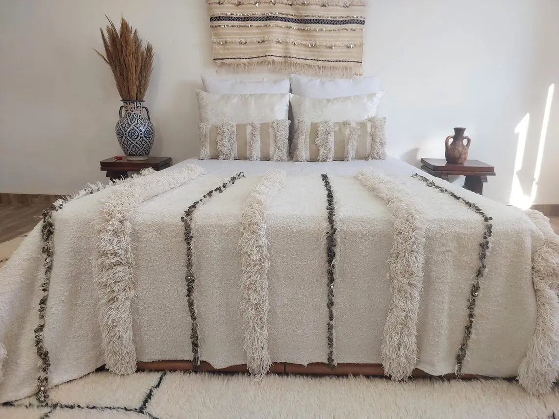 Authentic Vintage Moroccan Handira: White Wedding Blanket, Hand-Woven Berber Wool Throw Rug MoroccanBazzArts