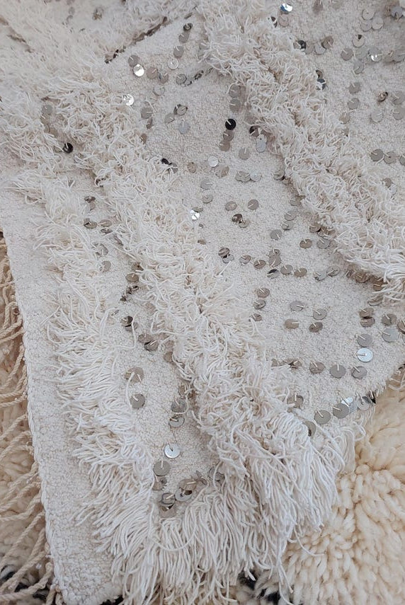 Creamy White Throw Wedding Blanket Xl: Vintage Moroccan Sequinned Wool Handira MoroccanBazzArts