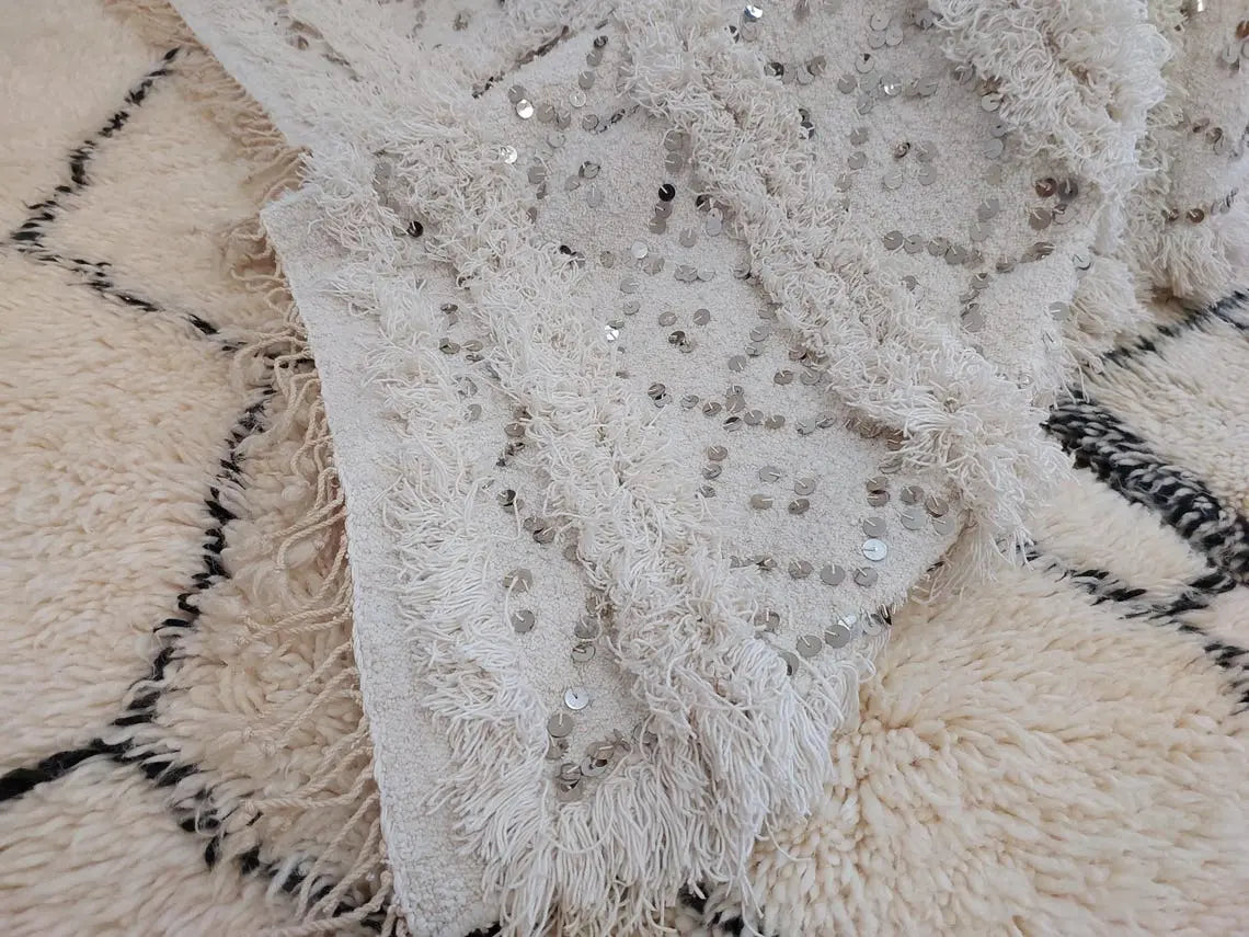 Creamy White Throw Wedding Blanket Xl: Vintage Moroccan Sequinned Wool Handira MoroccanBazzArts