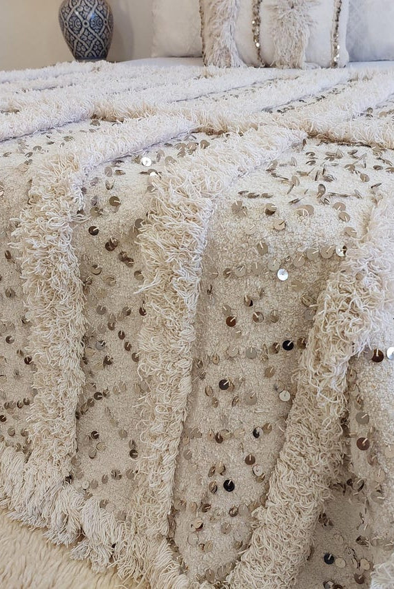 Creamy White Throw Wedding Blanket Xl: Vintage Moroccan Sequinned Wool Handira MoroccanBazzArts