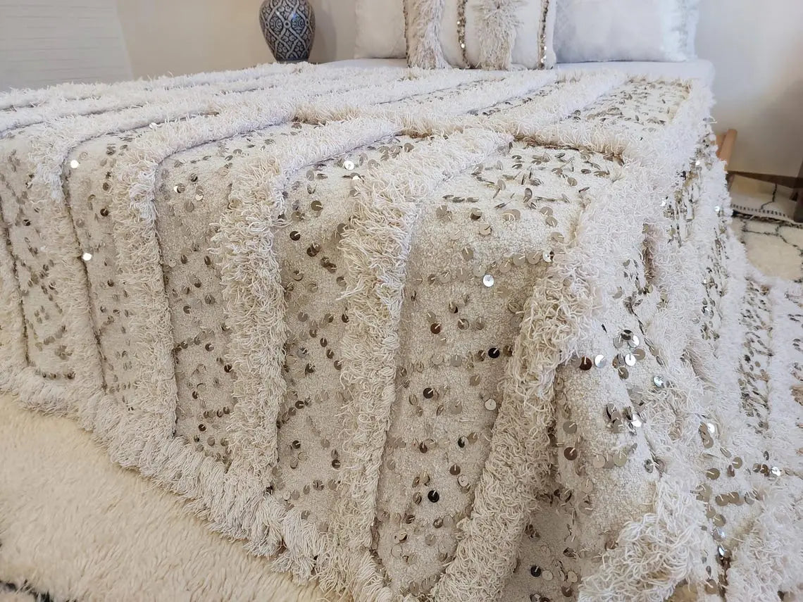 Creamy White Throw Wedding Blanket Xl: Vintage Moroccan Sequinned Wool Handira MoroccanBazzArts