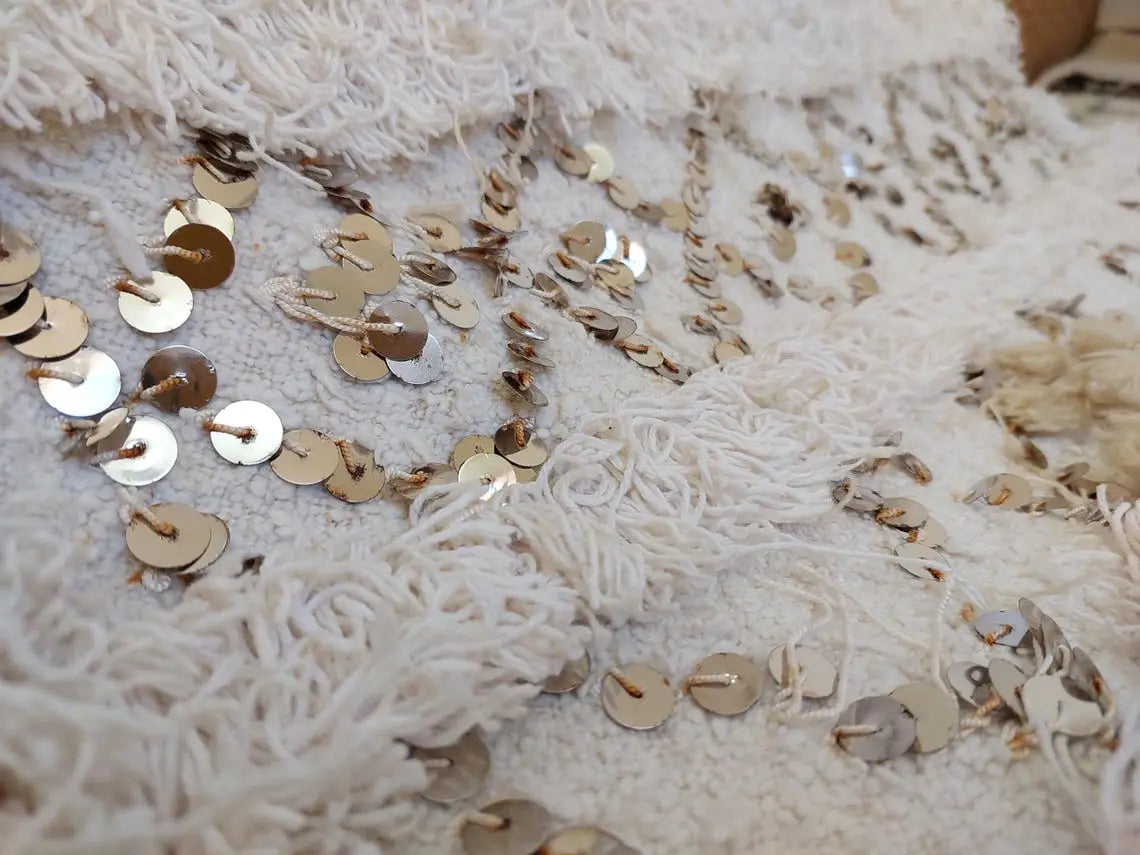 Creamy White Throw Wedding Blanket Xl: Vintage Moroccan Sequinned Wool Handira MoroccanBazzArts