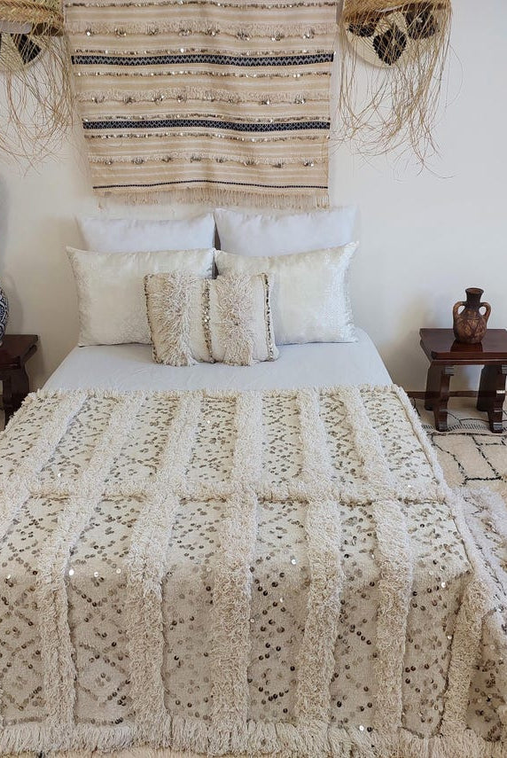 Creamy White Throw Wedding Blanket Xl: Vintage Moroccan Sequinned Wool Handira MoroccanBazzArts
