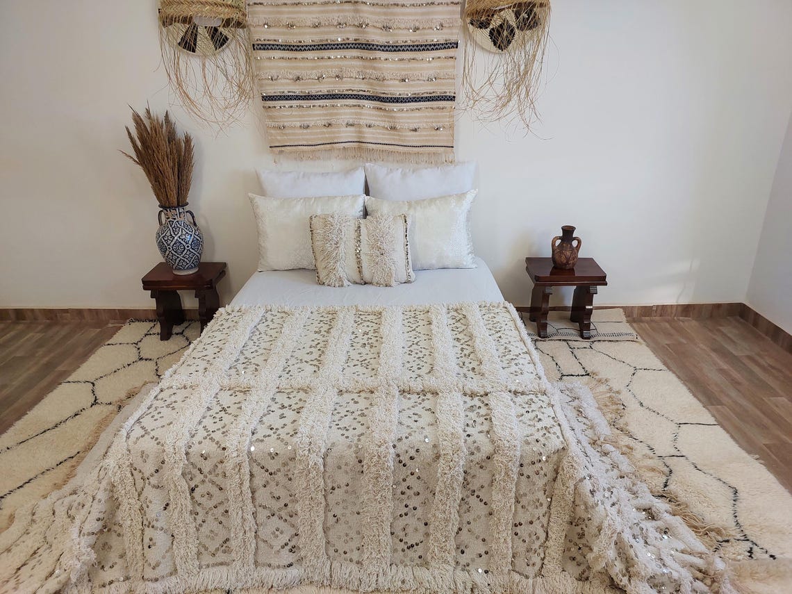 Creamy White Throw Wedding Blanket Xl: Vintage Moroccan Sequinned Wool Handira MoroccanBazzArts