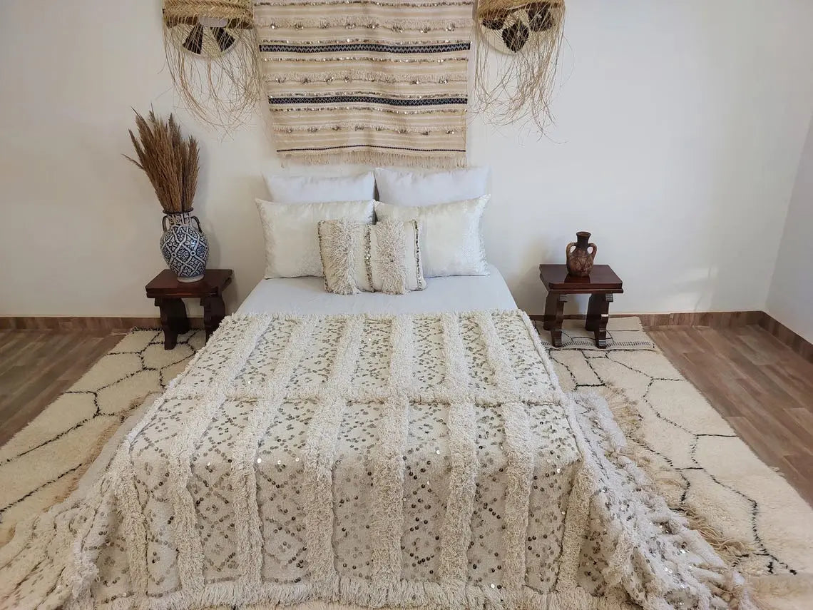 Creamy White Throw Wedding Blanket Xl: Vintage Moroccan Sequinned Wool Handira MoroccanBazzArts