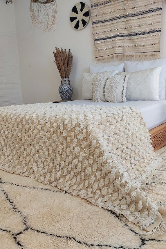 Vintage Moroccan Berber Handira Wedding Blanket Throw - Boho Bedding Decor for Living Room 138x260cm MoroccanBazzArts
