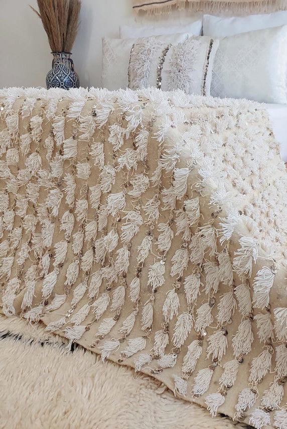 Vintage Moroccan Berber Handira Wedding Blanket Throw - Boho Bedding Decor for Living Room 138x260cm MoroccanBazzArts