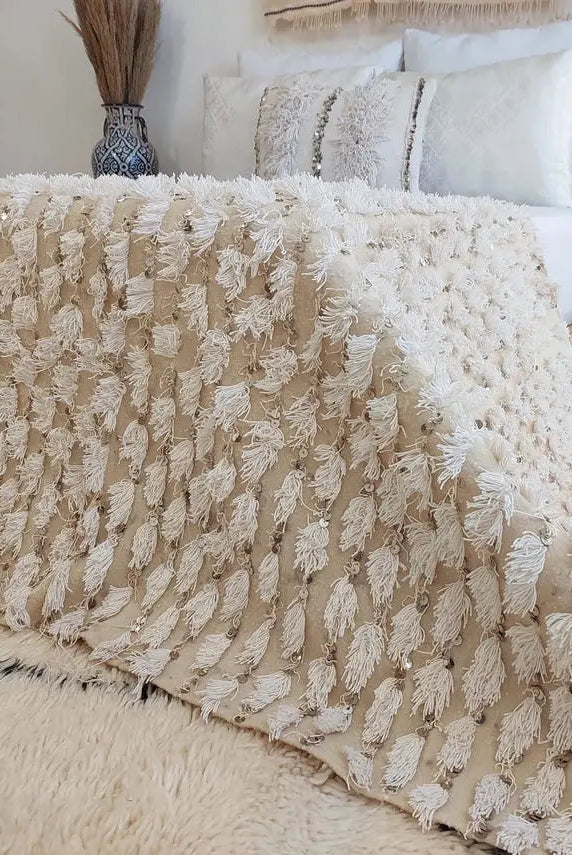 Vintage Moroccan Berber Handira Wedding Blanket Throw - Boho Bedding Decor for Living Room 138x260cm MoroccanBazzArts