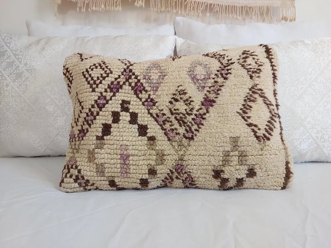 Beni Pillow, Made From Vintage Rug, Unique Berber Wool Cushion With Design, 16x24 MoroccanBazzArts