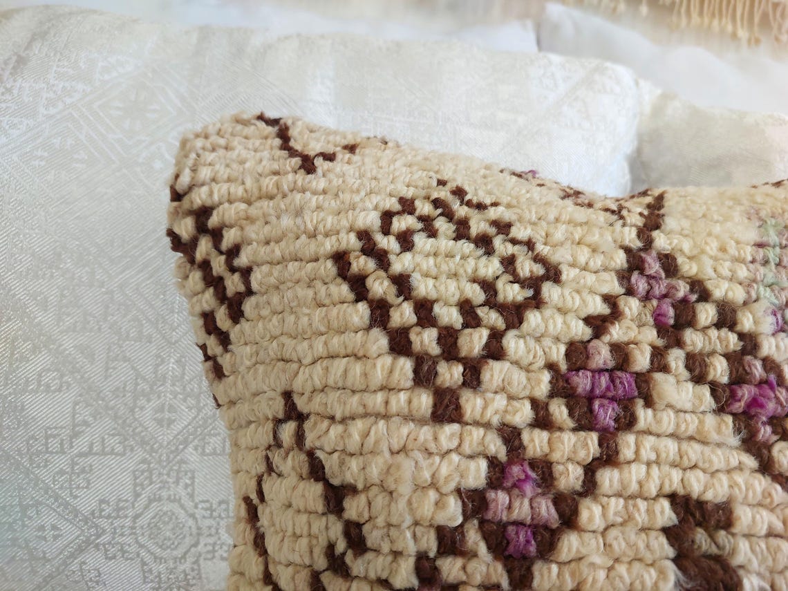 Beni Pillow, Made From Vintage Rug, Unique Berber Wool Cushion With Design, 16x24 MoroccanBazzArts