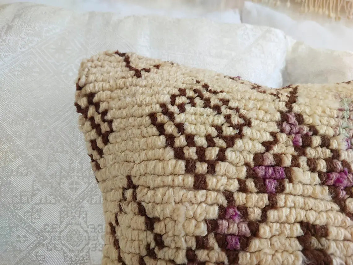 Beni Pillow, Made From Vintage Rug, Unique Berber Wool Cushion With Design, 16x24 MoroccanBazzArts